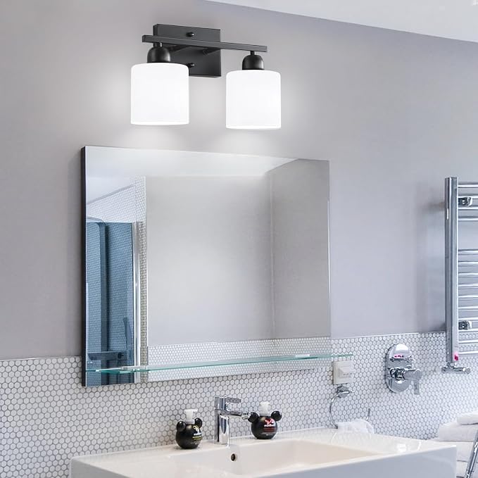 Bath Vanity Lights for Mirror, Restroom Lights Fixtures with Milky White Frosted Glass Shades,Bathroom Over Sink Light Fixtures (Black & Milky White Glass, 2-Light)