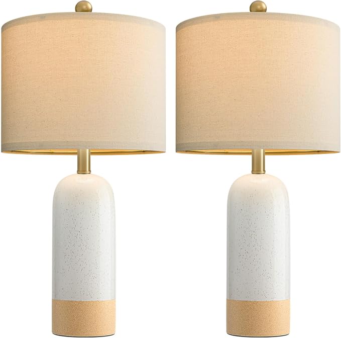 PoKat 24'' White Ceramic Table Lamps Set of 2, Farmhouse for Living Room | Modern Bedside Lamps for Bedroom, Two-Tones Design, Earthy Yellow Base, Splatter Pattern, Boho Lamps for Nightstand, Entryway