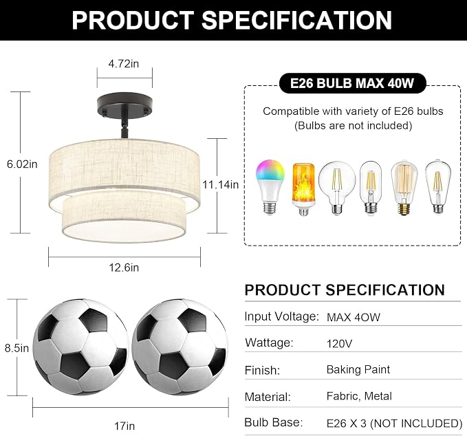 3-Light Semi Flush Mount Ceiling Light, 12.6 Inch Drum Black Chandelier Fabric Metal Kitchen Light Fixture, Dimmable Dining Room Light Fixture E26 Base Chandeliers for Living Room Bedroom