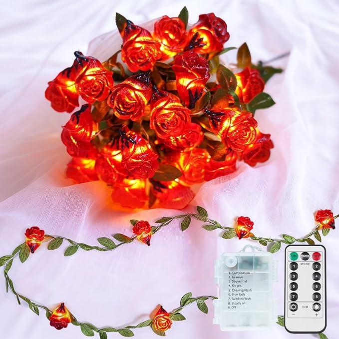 suddus 40 LED Fairy Lights Battery Powered,12.5ft Red Rose Flower String Lights with Remote,Valentine Lights for Wedding,Party,Bedroom,Porch,Table,Stairs,Dorm Decor