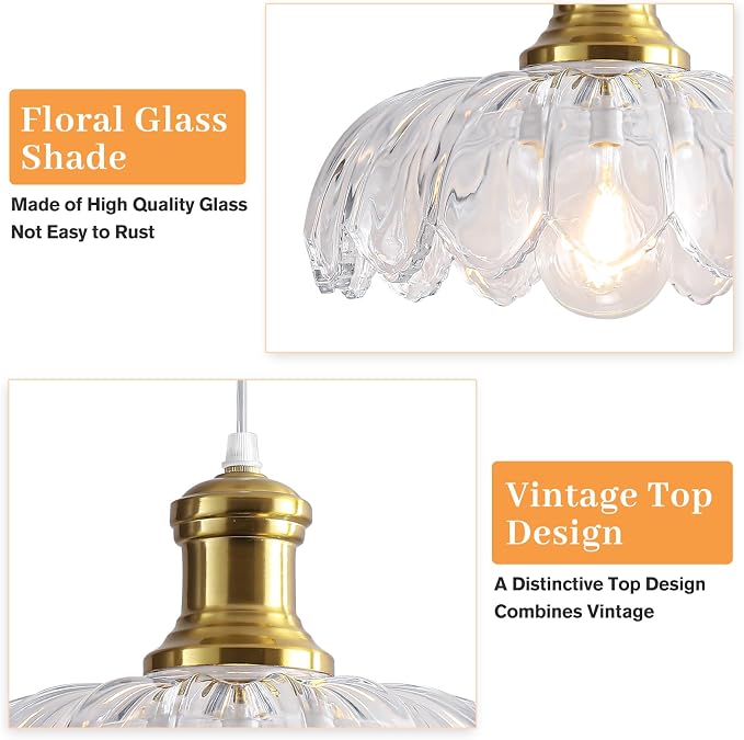 Vintage Gold Pendant Light Fixture, Clear Glass Pendant Light Kitchen Island Over Sink, Farmhouse Pendant Lighting for Dining Room, Bedroom, Living Room, Entryway, Hallway, Foyer