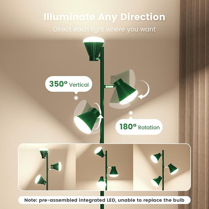 36W LED Tree Floor Lamp, Dimmable Tall Standing Lamp with Remote & Touch Control, 4 Color Temperatures Bright Floor Lamp, 3 Rotatable Light Modern Floor Lamps