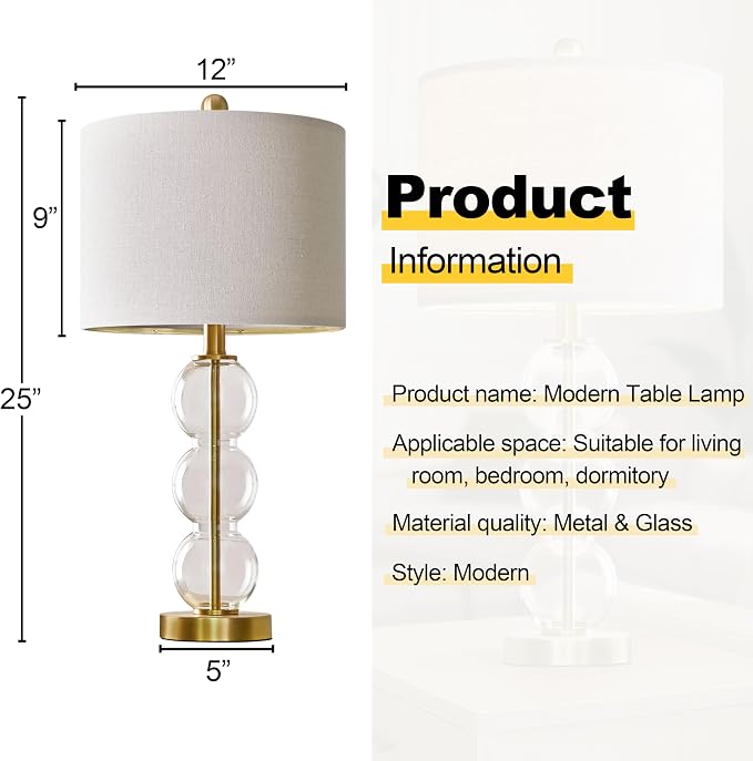 25" Glass Table Lamps Set of 2, Gold Modern Table Lamps with USB Ports for Living Room, Linen Shade Bedside Lamps for Bedroom, Nightstand, Side Table (Bulbs not Included)