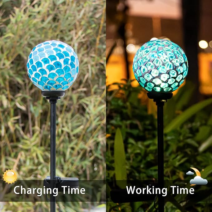 VCUTEKA Decorative Solar Garden Lights, 3.5" Mosaic Globe Outdoor Stake | Mosaic Glass Globe Design, Solar LED Light, Waterproof Design, Auto On/Off and Metal Stake Design for Lawn and Patio
