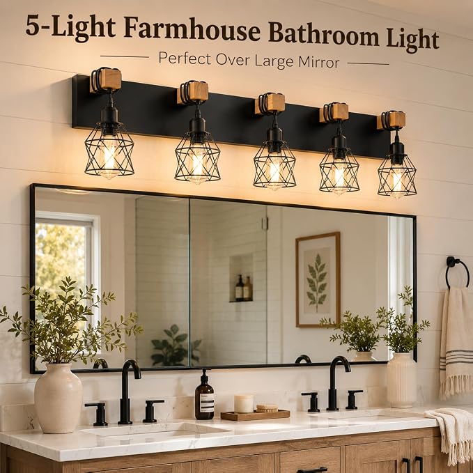 Farmhouse Vanity Light Fixture,5-Light Bathroom Lighting,Black Industrial Wood Wall Light Over Mirror with Metal Shade,LED Bulbs Not Included
