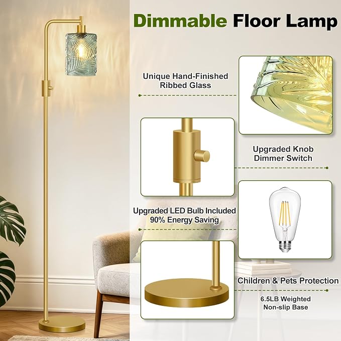 【Upgraded】 Dimmable Floor Lamp for Living Room with Green Feather Glass Lampshade, Gold Modern Floor Lamp with 900LM LED Bulb Included, Arc Standing Tall Lamp for Bedroom, Office, Reading Room, Corner
