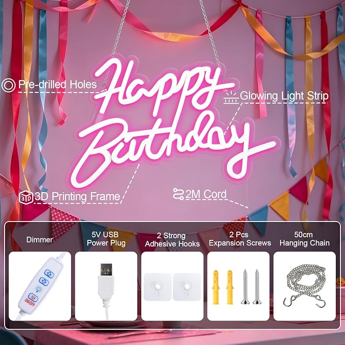 FARNY Happy Birthday Neon Sign for Wall Decor, LED Happy Birthday Light Up Sign Pink, Dimmable LED Birthday Neon Light for Birthday Party Decorations Backdrop,16.5"x 12"