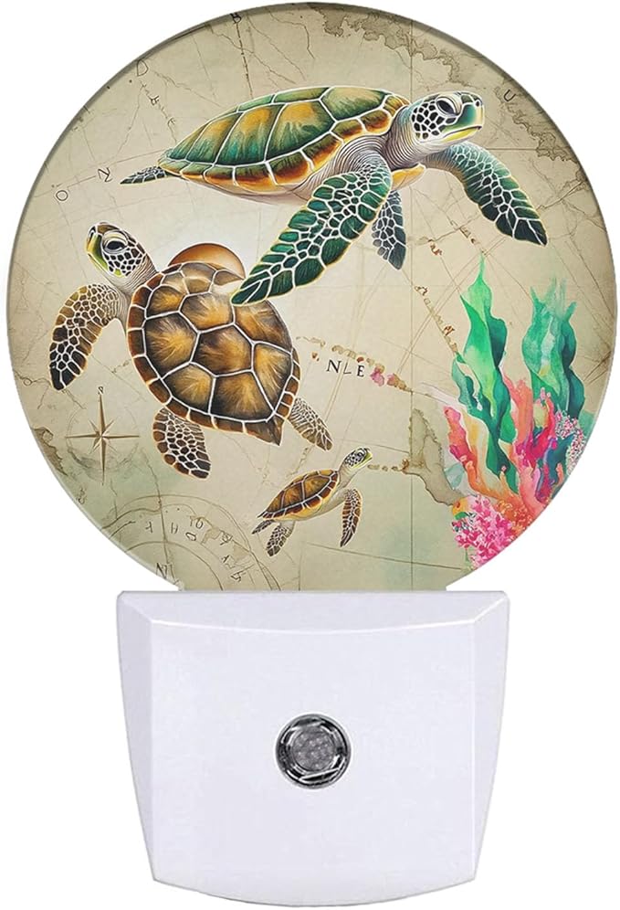 EKOBLA Nautical Coastal Night Light Sea Turtle Ocean Map Seaweed Coral Starfish Plug-in Nightlights Auto LED Lamp Energy Saving Round Lights for Boys Girls Men Women