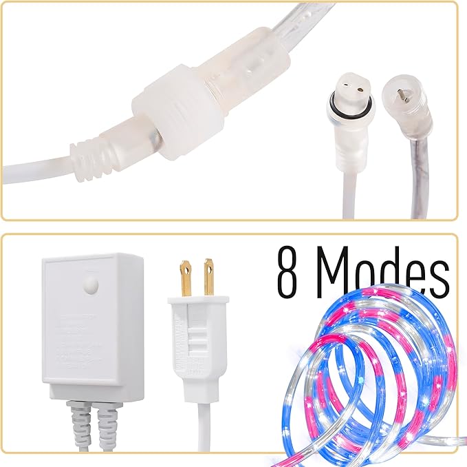 Waterproof LED Rope Lights, Connectable & Flexible with 8 Modes, Outdoor Lighting for Deck, Garden, Pool, Patio & Christmas Decor (Red/Blue/White, 20ft)