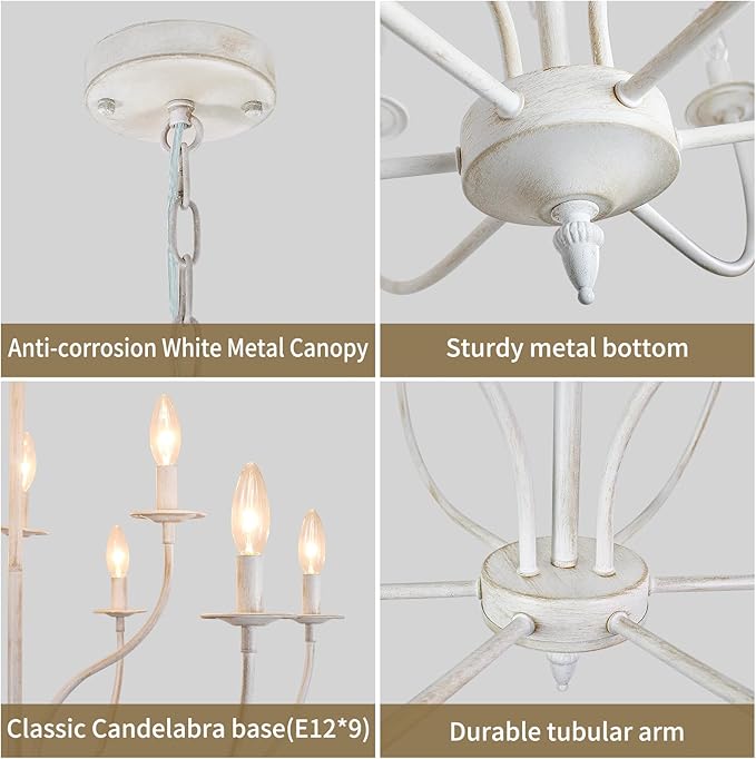 French Country Chandelier, 9-Light Antique White Farmhouse Chandelier, 2-Tier Candle Modern Farmhouse Chandeliers for Dining Room Living Room Bedroom Foyer