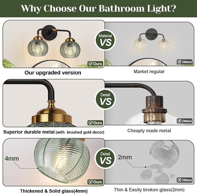 MOKATNG Bathroom Light Fixtures, 2-Light Green Vanity Lights with Unique Leaf Texture Glass Shade, Modern Matte Black and Gold Bathroom Wall Lamp for Mirror Hallway Cabinet Living Room