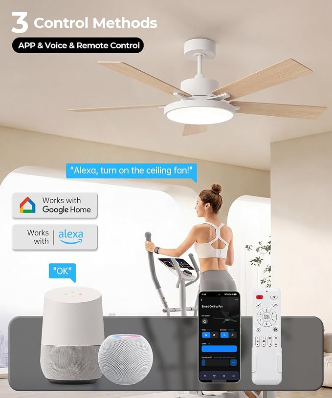 RGBCW Smart 52" 2600LM LED Ceiling Fan Light with Remote, White | Alexa/Google/App Control, Reversible DC Motor, 6 Speeds & 2 Fan Modes, Dimmable, Quiet Fan for Bedroom, Living & Gaming Room