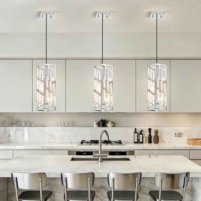 Chrome Pendant Lights, Modern Pendant Light Kitchen Island, 2 Pack Mini Crystal Chandeliers for Dining Room Bedroom Foyer Hallway