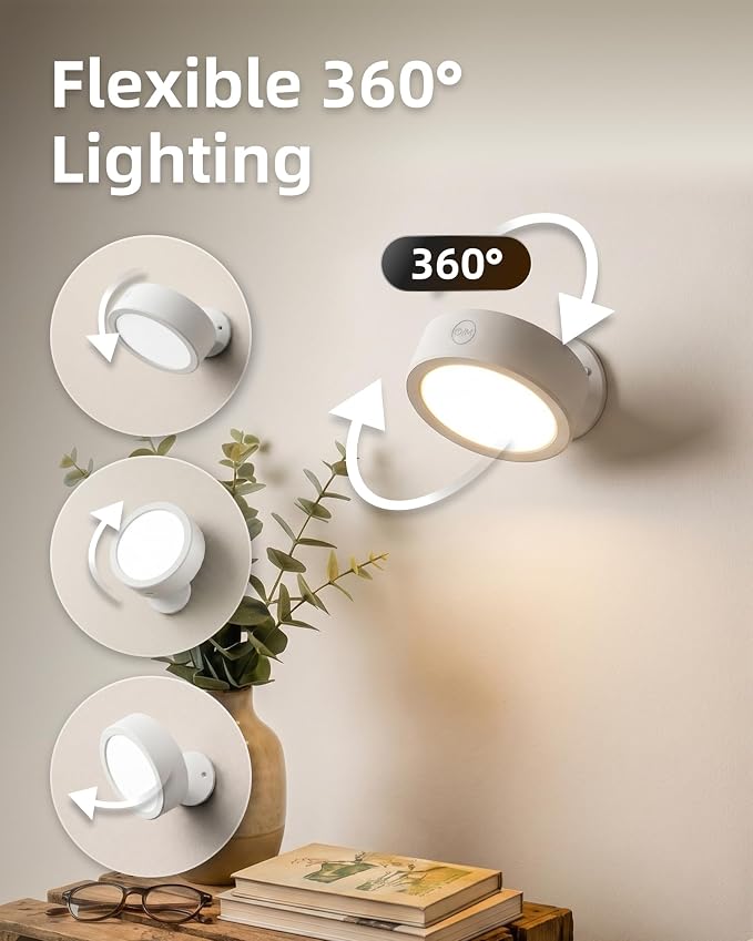 EZVALO LED Wall Mounted Light, 3000mAh Rechargeable Cordless Wall Sconce, 3 Color Temperatures, Dimmable with Remote & Touch Control, 360° Rotatable for Bedroom, Bedside, Reading, Study (White)