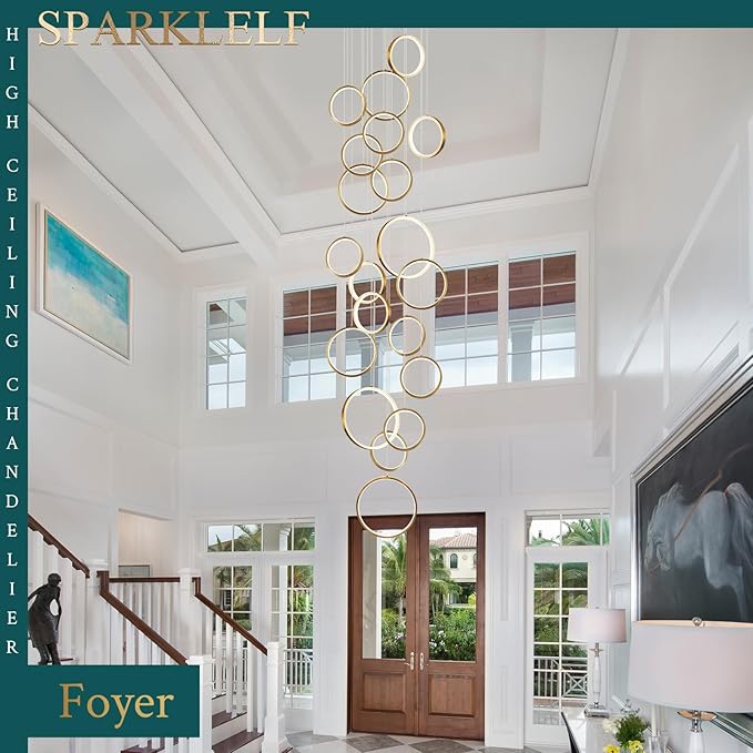 20 Rings Modern LED Chandelier for High Ceiling Dimmable Gold Contemporary Foyer Long Chandelier for Entryway, Long Pendant Light Fixture Staircase Dining Living Room, 3000-6500K