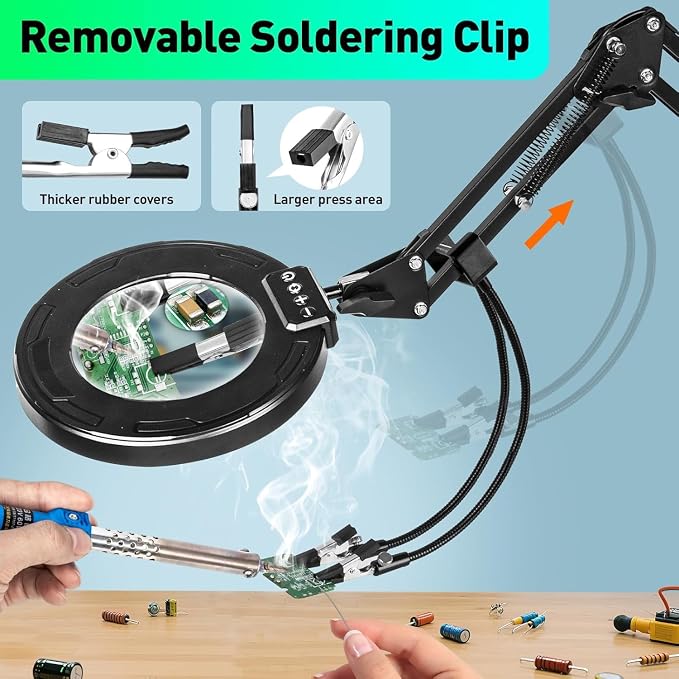 12X 30X Magnifying Glass with Light and Clamp, Soldering Helping Hand | 3-Section Swing Arm Hands-Free Workbench Lighted Magnifier, 5 Color Stepless Dimming, LED Desk Lamp for Craft Hobby Painting