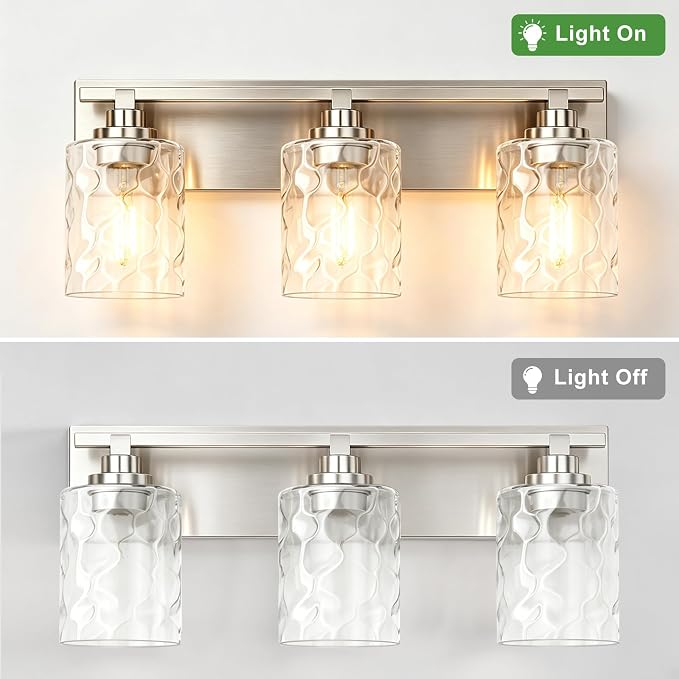 Modern Bathroom Lighting Fixtures Over Mirror, Vanity Lights for Bathroom, Wall Sconces with Clear Glass Shades, E26 Ceramic Socket, 3-Light 19.7-inch Brushed Nickel