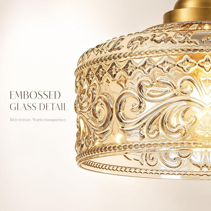 Brushed Gold Vintage Pendant Light Amber Glass Island Lights for Kitchen | Height adjustable hanging light fixture kitchen, 90-degree swivel, 2-in-1 ceiling light and pendant light, E26 bulb base