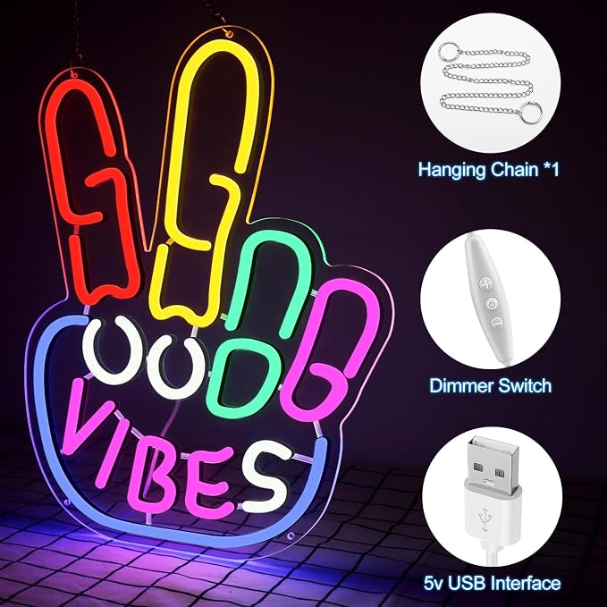 Good Vibes Neon Sign, LED Neon Light for Wall Decor, USB Powered Dimmable Sign with ON/OFF Switch, Colorful Room Decoration Light for Bedroom, Game Room, Bar, Party and Home Decor