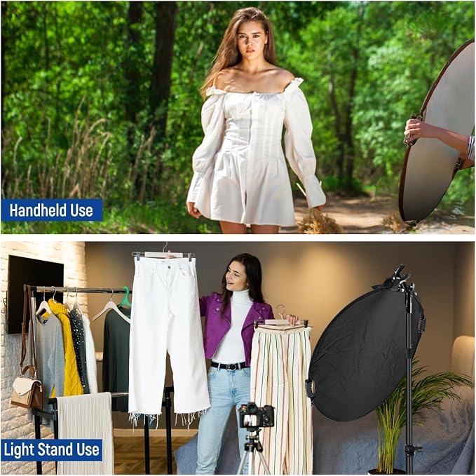 NEEWER 22"/56cm Light Reflector with Clamp & Hand Grips, 5 in 1 Collapsible Multi Disc Photography Reflector Translucent/Silver/Gold/White/Black with 3/8" Thread for Studio Outdoor Lighting, RF-56II | Polyester, Multi Disc Photography Diffuser, Translu...
