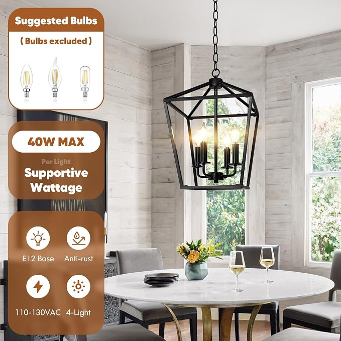 Black Farmhouse Chandelier, 4-Light Foyer Lighting Fixtures for Dining Room | Industrial Kitchen Lantern chandelier Over Table, Pendant Island Ceiling Light for Entryway, Metal Cage Adjustable Height