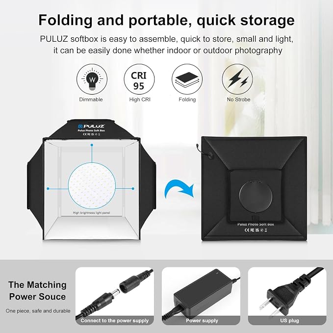 Light Box, PULUZ 16"x16" Studio Light Box with 480pcs LEDs Lights 4 Color PVC Photography backdrops Shooting Tent for Jewelry and Product Portable Lightbox Picture Box for Photography (Upgrade)