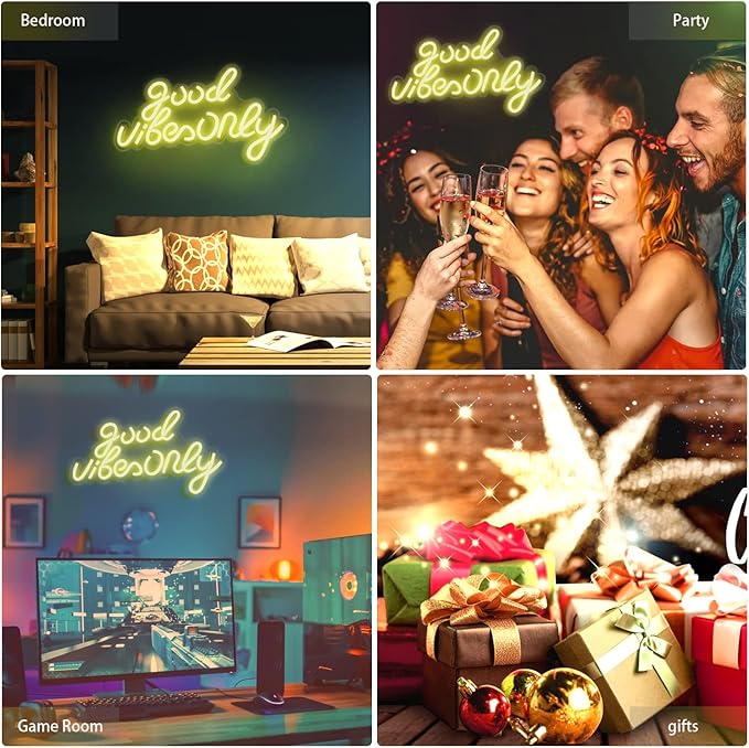 JFLLamp Good Vibes Only Neon Signs for Wall Decor Neon Lights Led Signs Suitable for Living Beer Bar Game Room Hotel Birthday Party Restaurant Christmas Unique Gift for Lover, 16.5 * 10 Inch(Yellow)