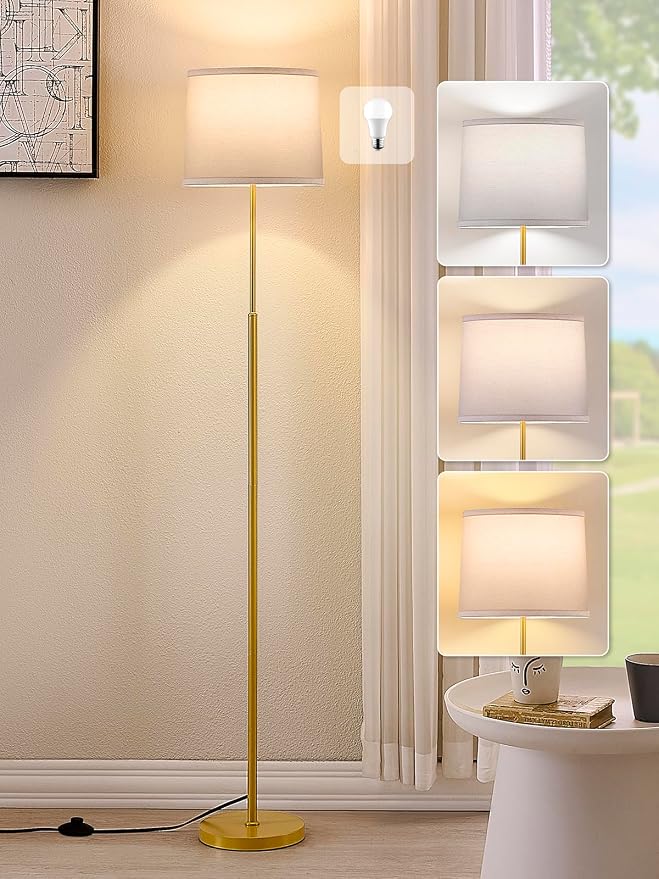 60" Modern Floor Lamp for Living Room Bedroom, Standing Lamp with White Linen Lampshade, Tall Lamp with A19 9W 3 Color Temperature Bulb, Foot Switch Control, Gold