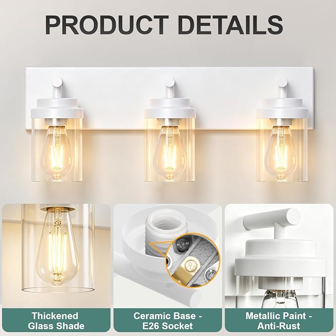 IZORRO Bathroom Vanity Light Fixture, 3-Light 22 Inch White Bathroom Light Fixtures Over Mirror, with Clear Glass Shade, Modern Farmhouse Vanity Lights, Rustic Restroom Lighting Fixtures