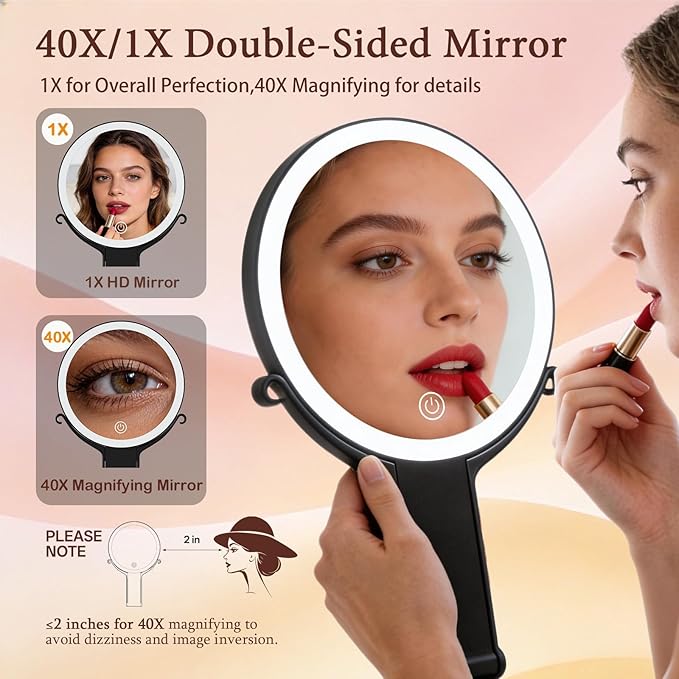 Makeup Mirror with Lights, 40X/1X Double Sided Magnifying Makeup Mirror with 3 Color Lighting and Adjustable Brightness, Portable hand mirrors with handle for Desktop Travel Use (1x/40x- Black)