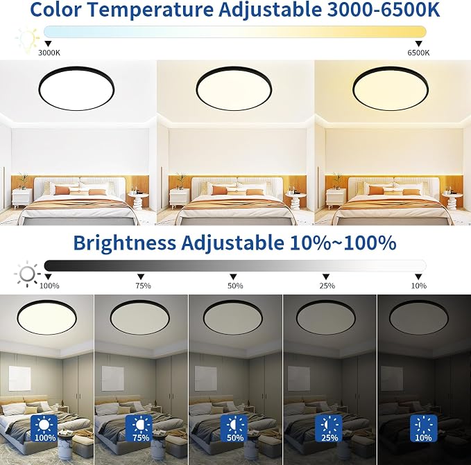20 inch Dimmable Led Flush Mount Ceiling Light Fixture with Remote Control | 48W 4800LM, Ultra Thin, Modern, Round, Black Large Ceiling Lamp for Kitchen, Dining Room, Bedroom, Living Room, Home Office