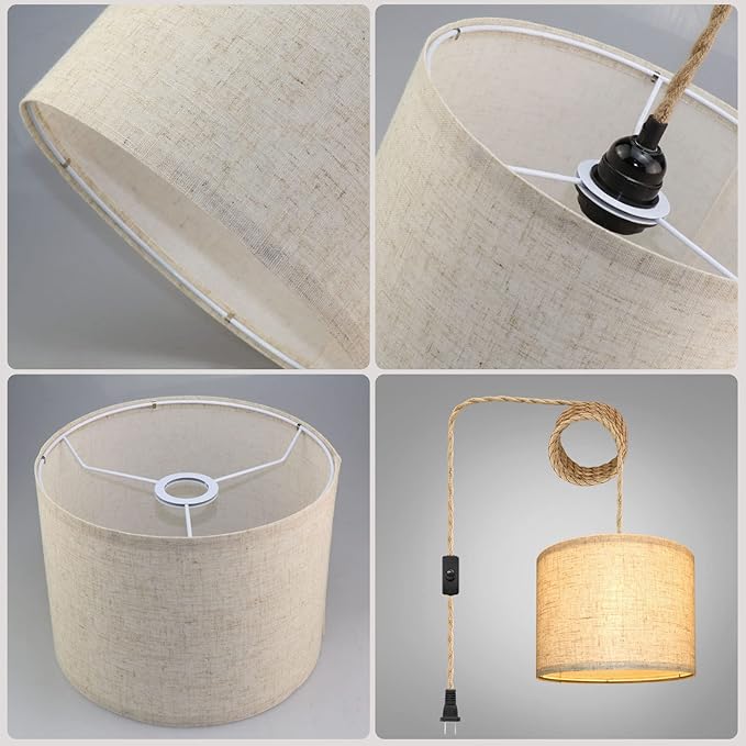 Plug in Pendant Light, Hanging Lights with Plug in Cord, Hanging Lamp with 15ft Hemp Rope, On/Off Switch, Beige Linen Shade, Light Fixture for Bedroom, Living Room, Dining Table 2 Pack