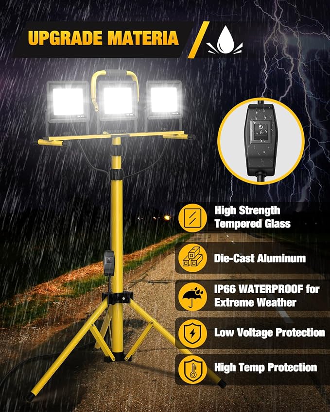 Upgraded LED Work Lights with Stand, 21000 Lumen, 3-Head Adjustable Work Light, Waterproof Foldable Tripod, Extended Cord for Outdoor & Indoor Job Sites, Workshops, Construction, Garage Lighting
