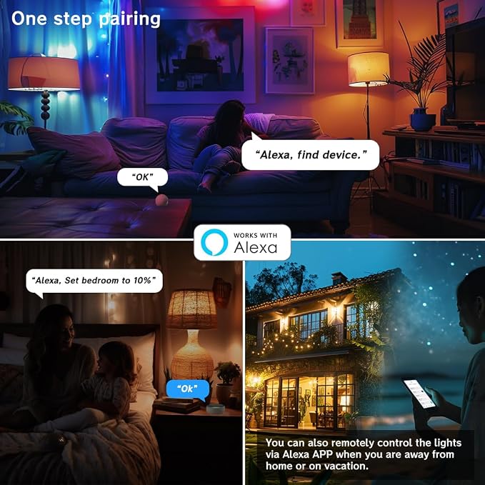 Smart RGB Light Bulbs Compatible with Alexa, 12W(130W Equivalent), 2700K-6000K | A19 E26, 16 Million Colors-DIY Flash/Fade - Timing-DIY Scenes- Music Sync Bluetooth Color Changing Light Bulb (8 Pack)