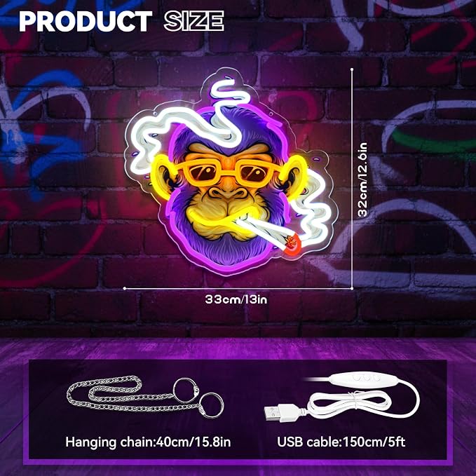 Cool Monkey Neon Sign, Smoking Monkey Led Sign for Wall Decor, Usb Powered Adjustable Brightness Anime Monkey Led Light for Bedroom Bar Pub Game Room Party Man Cave Decor, Unique Gift