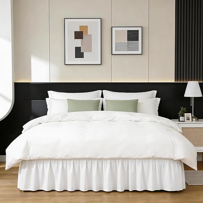RIMELA Warm White Bed Skirt Queen 25 Inch Drop, Elastic Bed Skirts Queen Size Dust Ruffle, Bedskirt for Adjustable Bed Base, Wrinkle & Fade Resistant Silky Luxurious Fabric Easy to Install