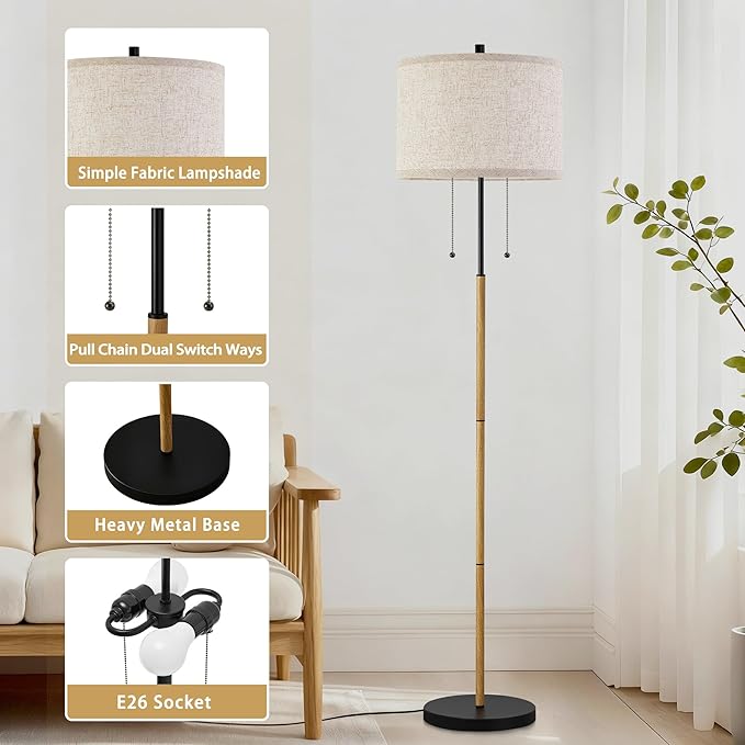 Luvkczc Floor Lamp, 62" Standing Lamp Tall Lamp with Fabric Lampshade&Pull Chain Corner Floor Lamps for Living Room, Bedroom,Office Corner (Wood Grain 2 Bulb Socket)