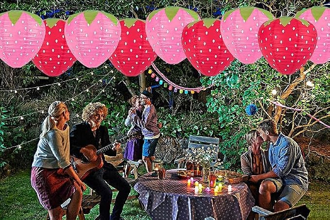 Strawberry Paper Lanterns - 8PCS Hanging Decorations for Room, Birthday Party, Wedding, Garden - 8 Inch, Red and Pink