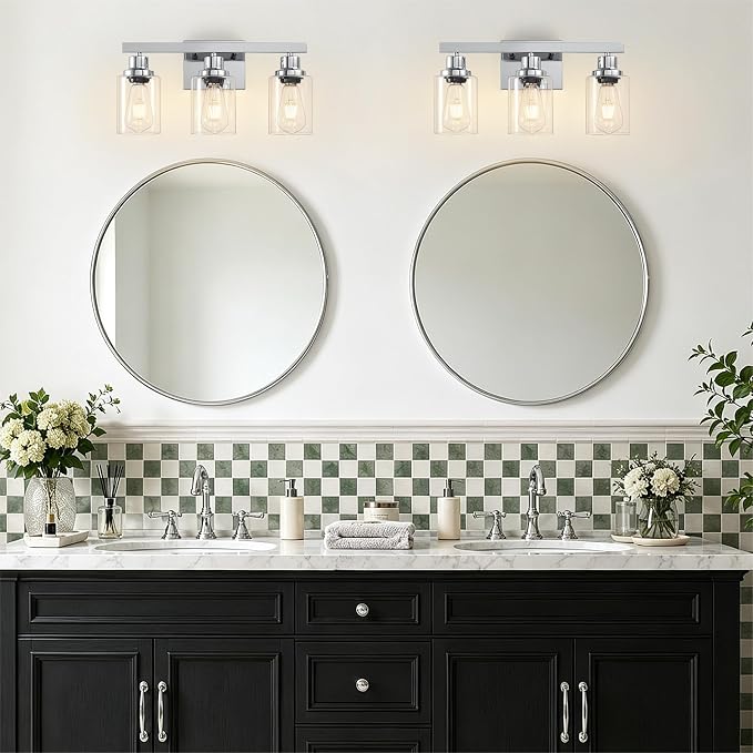 3 Light Bathroom Light Fixtures,17" Polished Chrome Vanity Lights | Modern Vanity Lights over Mirror with Clear Glassshades,Farmhouse Bathroom Wall Sconece over Sink,E26 Base
