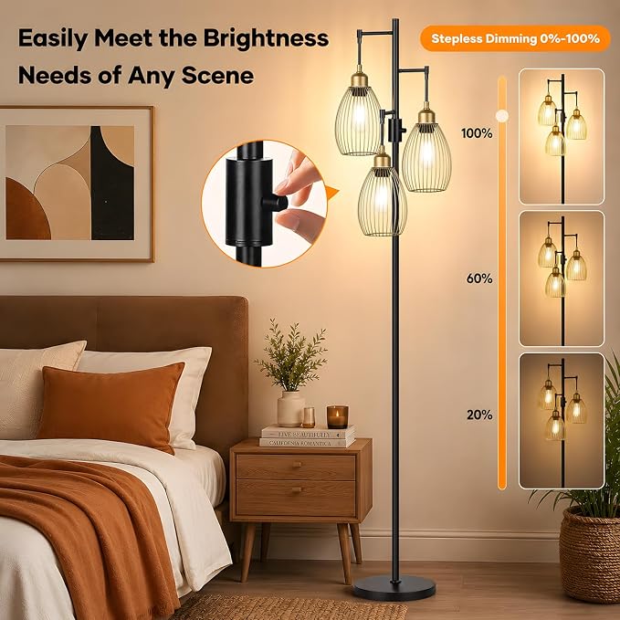 Dimmable Floor Lamp,3x800LM LED Bulbs Included, Farmhouse Industrial Floor Lamp Standing Tree Lamp with Teardrop Cage Head Tall Lamp for Living Room Bedroom Office Dining Room - Black Gold Edge