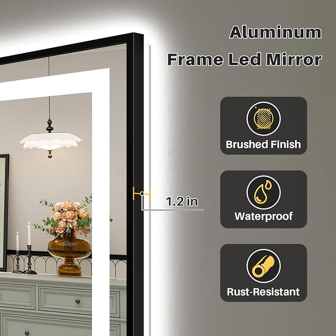 72x40 Inch LED Bathroom Mirror with Black Frame, Backlit & Front Lit | Anti-fog, 3 Color Dimmable, Memory Function, HD Reflection Tempered Glass, ETL Listed, IP54 Waterproof