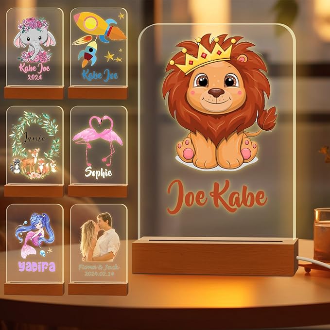 Personalized Night Light for Kids Custom Engraved Name Acrylic LED Lights with Wood Base for Nursery Bedroom Decor Night Lamp, Customized Birthday Gifts for Boy,Lion