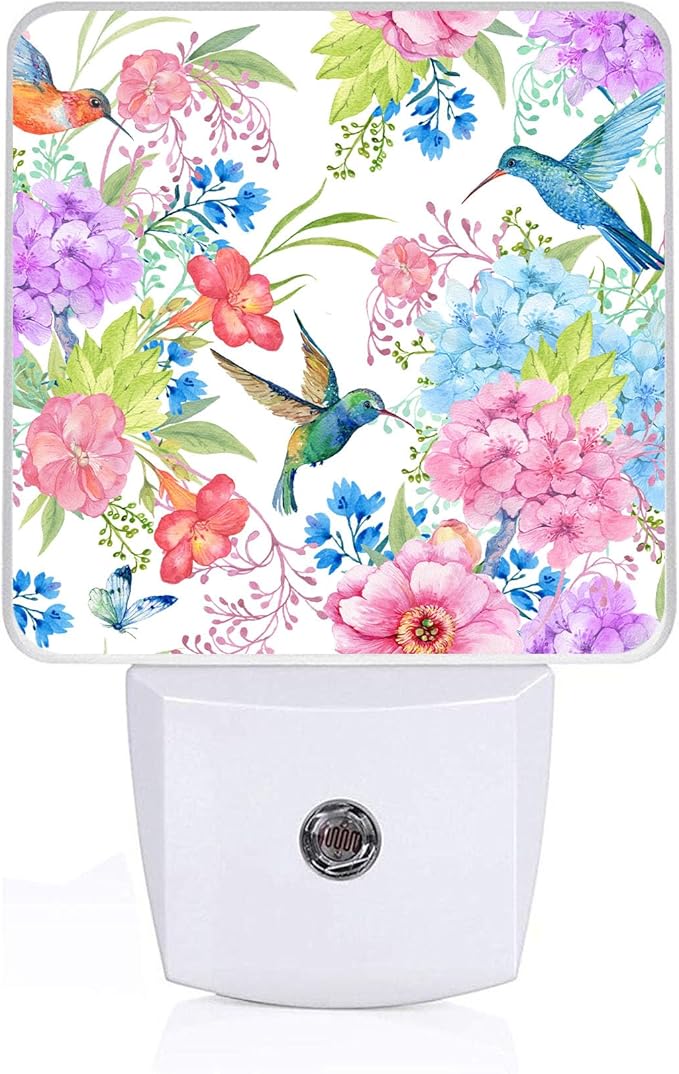 Hummingbird Flower Night Light, Plug-into Wall Spring Floral Flower Nightlight Lamp with Dusk to Dawn Sensor, Led Lamp 0.5W Energy Efficient for Boys Girls Adults Home Decor