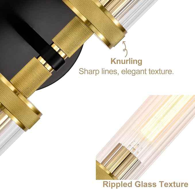 LaLuLa Black and Gold Vanity Light Fixtures – Modern Hardwired Dual-Light Wall Sconces with Rippled Glass Shades, Textured Metal Bathroom Lighting for Over Mirror or Hallway, 25" Height