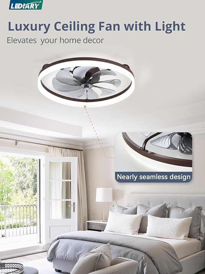 LEDIARY 23" Low Profile Ceiling Fans with Lights, APP & Remote, Brown | Flush Mount, Dimmable LED, Quiet DC Motor, Reversible, 6 Speeds, Fandelier, for Bedroom