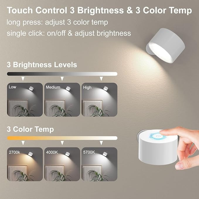 Koopala 3PACK Rechargeable LED Wall Sconce, Cordless Battery with Remote, Powered Wall Sconce, 3 Brightness Levels, 360° Swivel Magnetic Shade for Bedrooms, Hallways, Den and Reading Spaces（White）