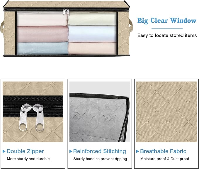 HomeHacks 10-Pack Clothes Organizer Storage Bags, 35L Storage Bins, Beige | Foldable Storage Box Container with Zippers, Clear Window, Reinforced Handles for Closet, Dorm, Pillows, Bedding, Sweater