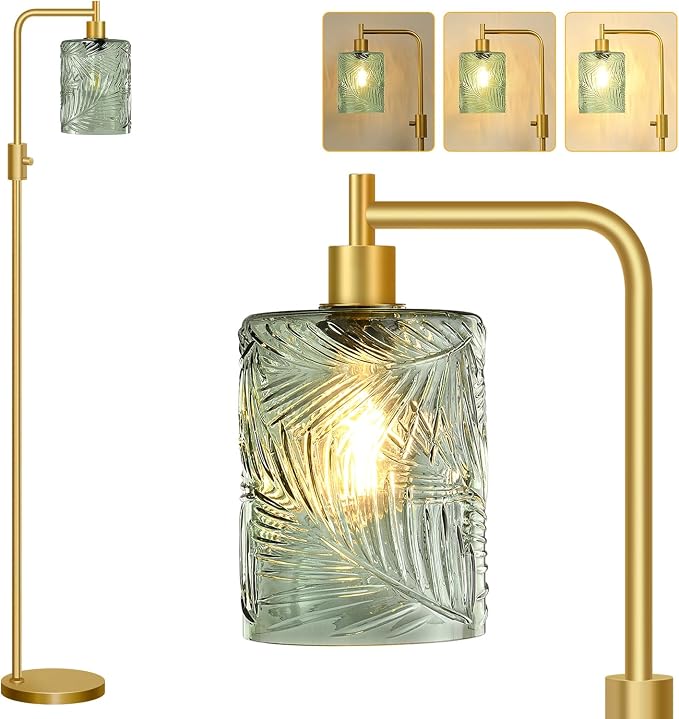 【Upgraded】 Dimmable Floor Lamp for Living Room with Green Feather Glass Lampshade, Gold Modern Floor Lamp with 900LM LED Bulb Included, Arc Standing Tall Lamp for Bedroom, Office, Reading Room, Corner