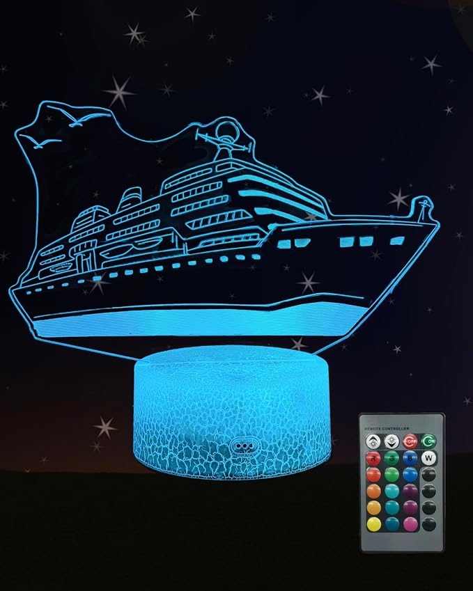 Cruise Ship 3D Illusion Night Light, 16 Colors Changing, Toy Lamp | Dimmable, Touch & Remote Control, Boys Girls Bedroom Room Decor, Birthday Christmas Gift Souvenirs for Toddler Kid Teen