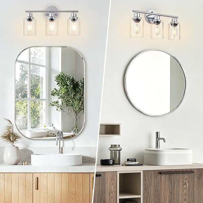 3-Light Bathroom Light Fixtures, Modern Chrome Vanity Lights for Bathroom with Clear Glass Shade, Wall Lamps for Mirror Hallway Kitchen Cabinet Living Room Sconces Lights